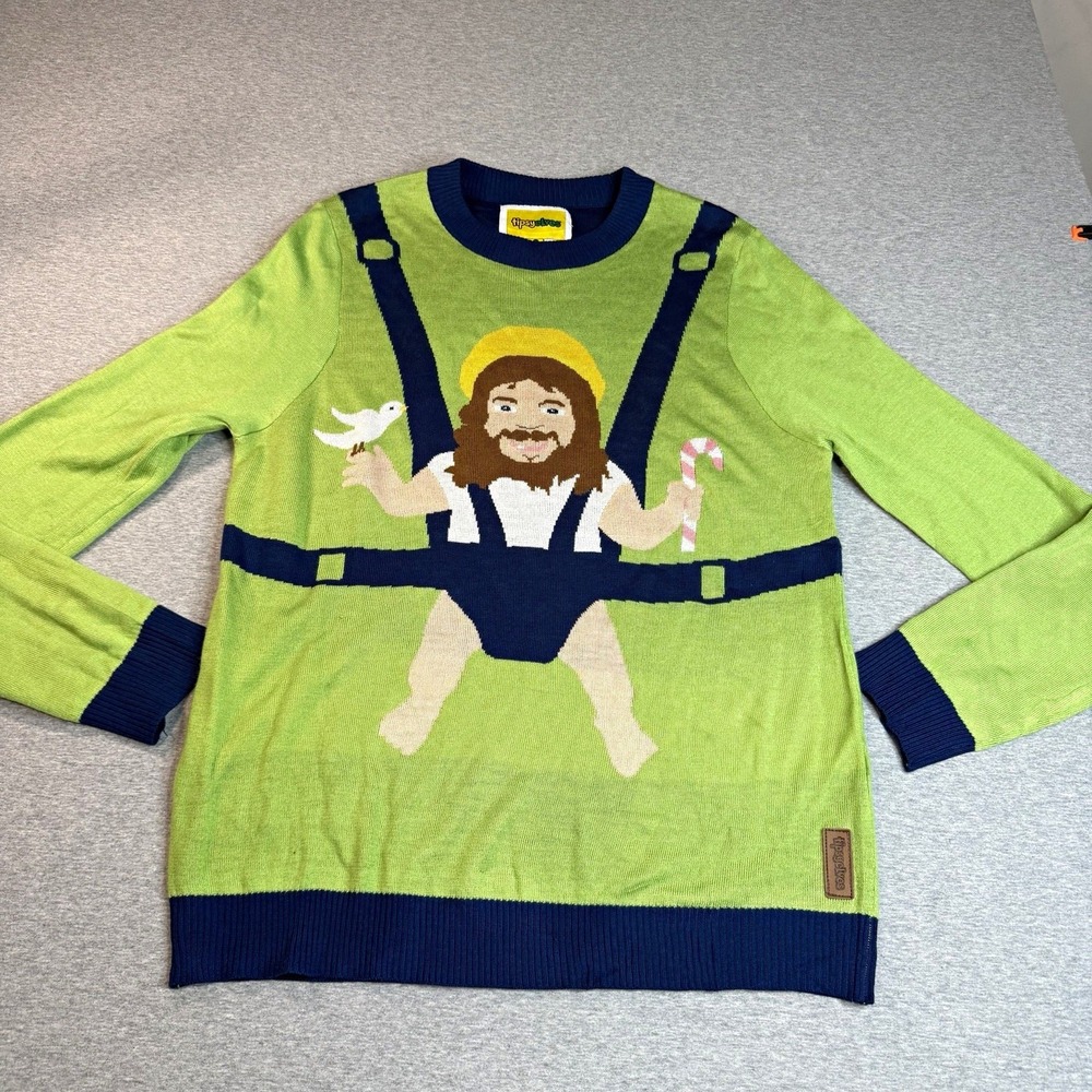 Tipsy Elves Men's Knit Crew Neck Graphic Pullover Sweater Green/Blue L